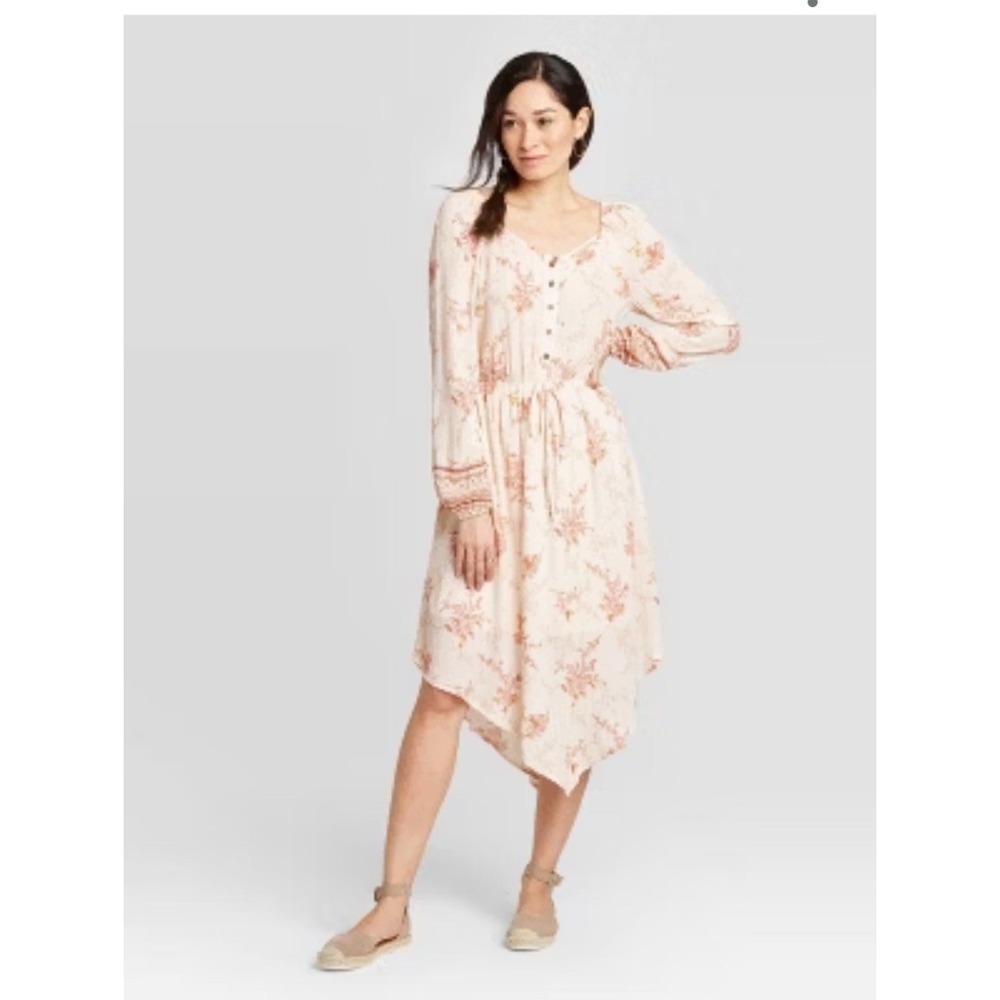 Knox Rose Floral Peasant Dress Cream Pink Metallic Boho Handkerchief‎ Hem XXL